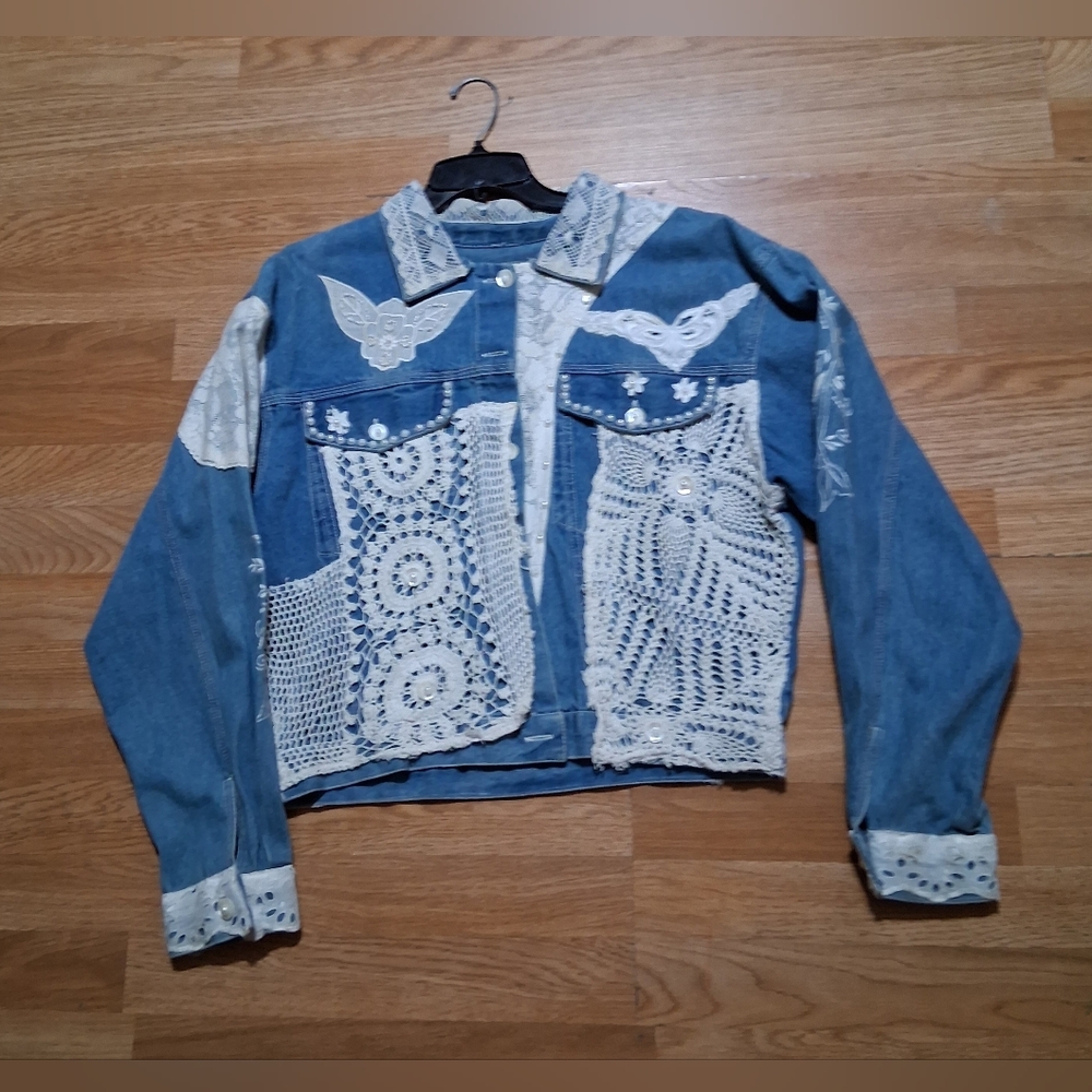Jou Jou Blue Denim Jacket with Ivory Crochet Accents
